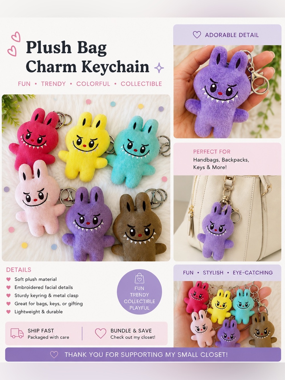 Monsters Plush Fashion Bag Charm/Key Chain Super Soft